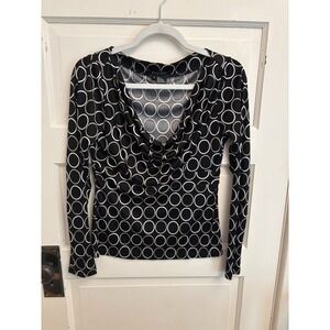 Etcetera Women's Black 100% Silk Circle‎ Pattern Cowl Neck Blouse Size Small